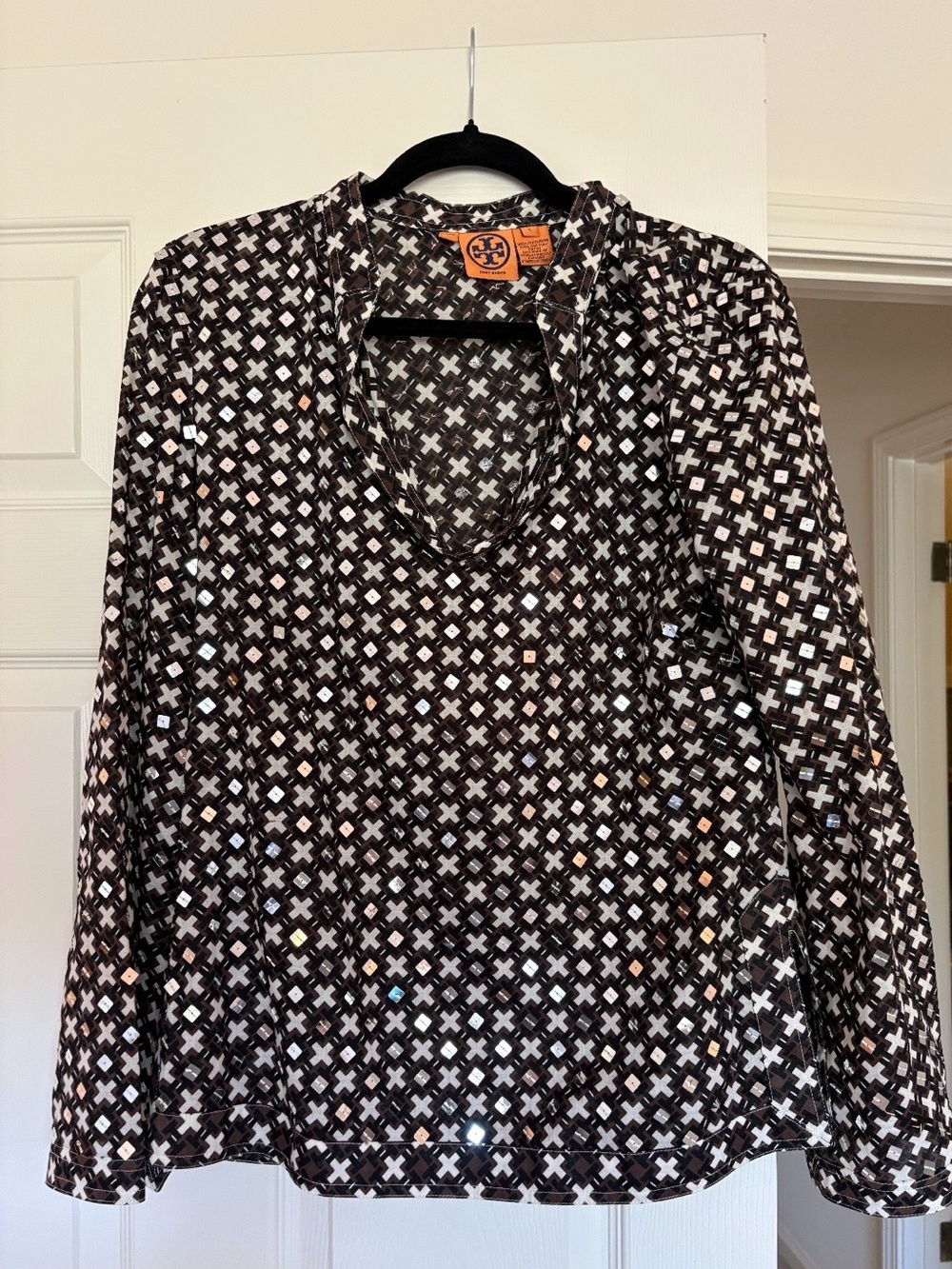 Tory Burch Geometric Sequin Embellished Cotton Blouse Size 6
